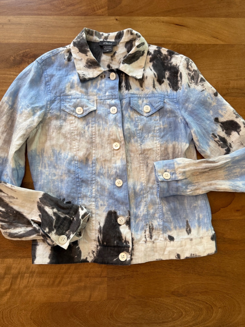 Amici 100% Linen Tie-Dye Button-Front Jacket Shirt in Blue, Cream & Black - XS